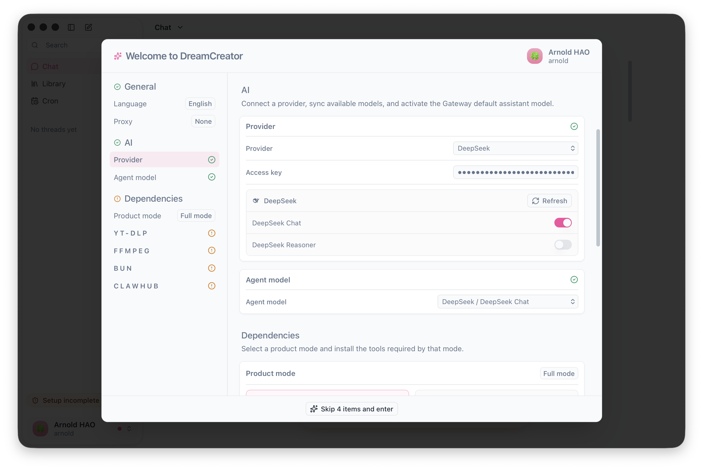DreamCreator provider and model setup