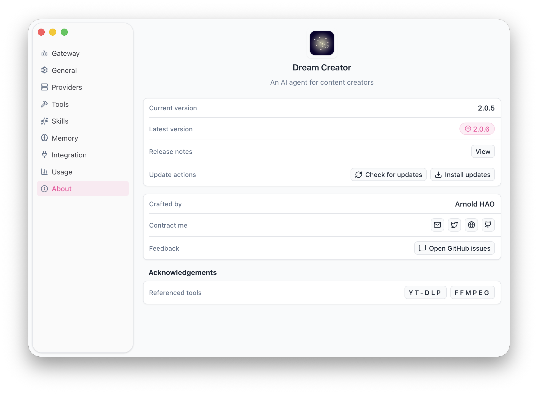 DreamCreator app and external tool update prompt